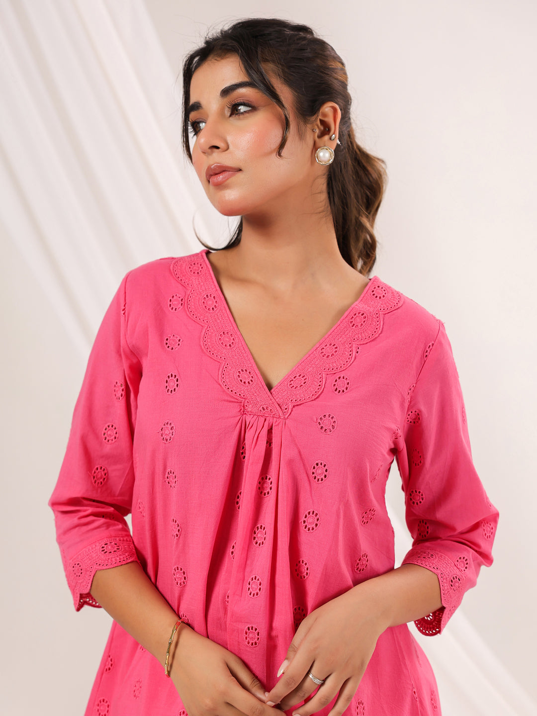 Janasya Bright Cotton Schiffli A-Line Tunic