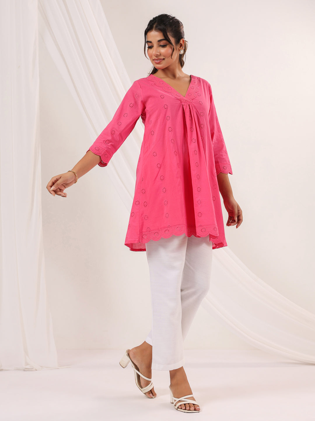 Janasya Bright Cotton Schiffli A-Line Tunic