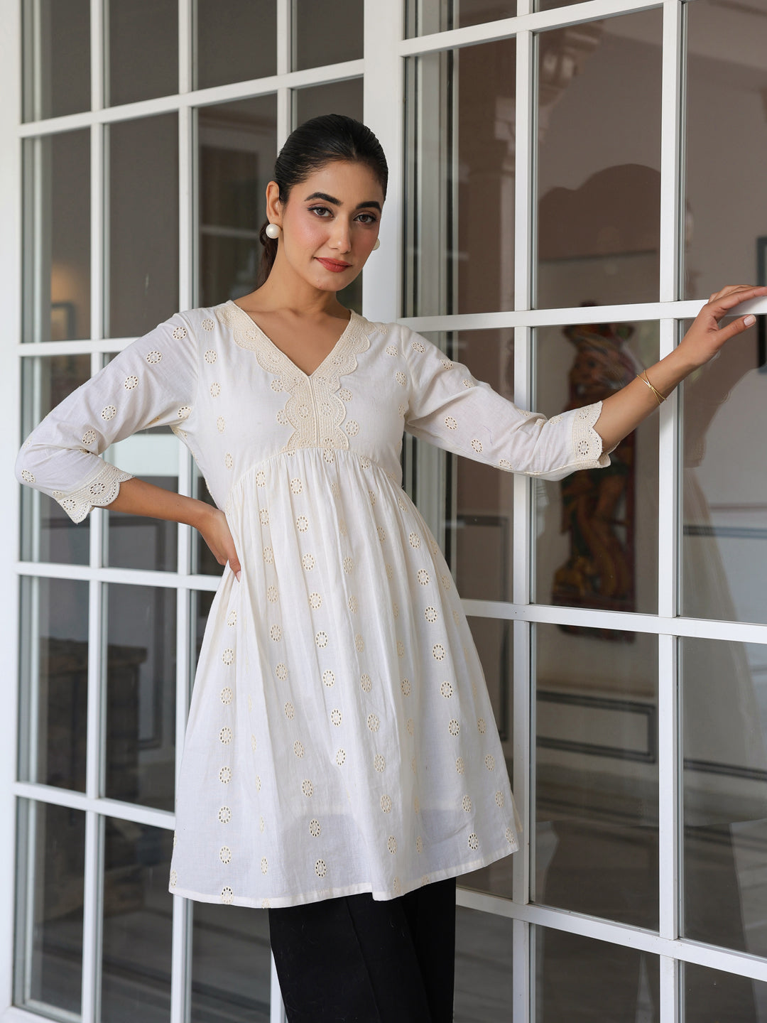 Janasya Light Cotton Schiffli A-Line Tunic