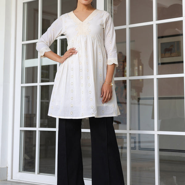 Janasya Light Cotton Schiffli A-Line Tunic