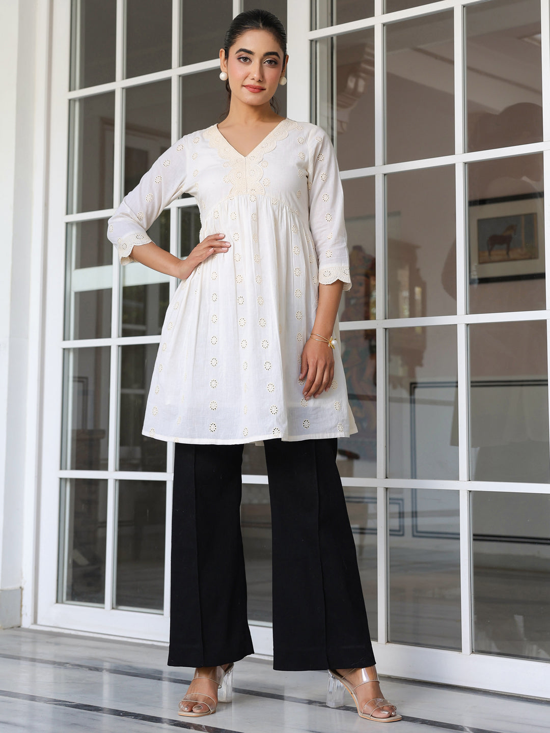Janasya Light Cotton Schiffli A-Line Tunic - Distacart