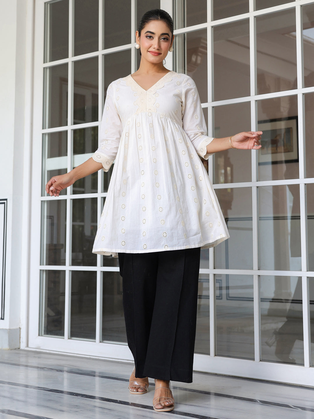 Janasya Light Cotton Schiffli A-Line Tunic