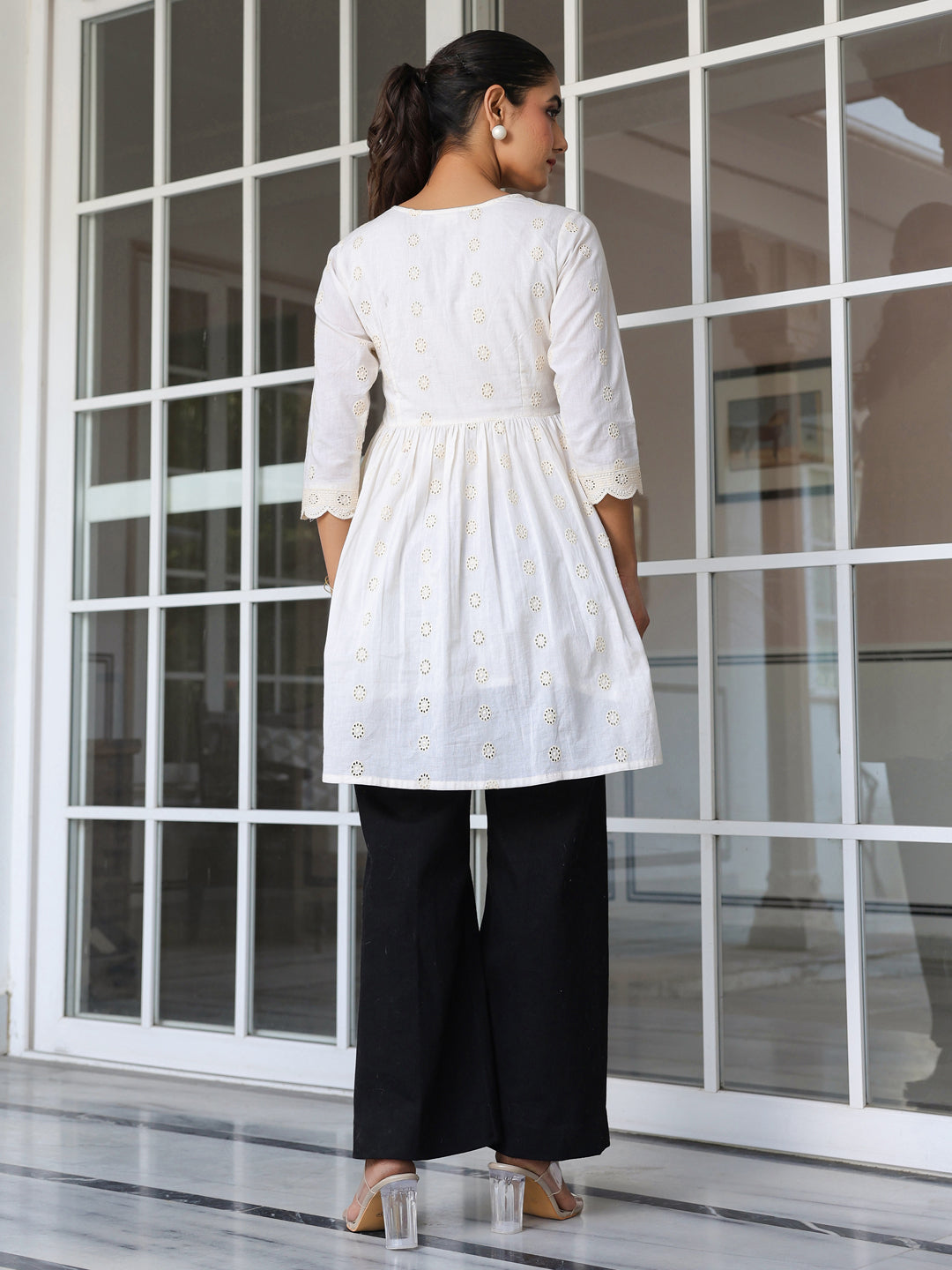 Janasya Light Cotton Schiffli A-Line Tunic