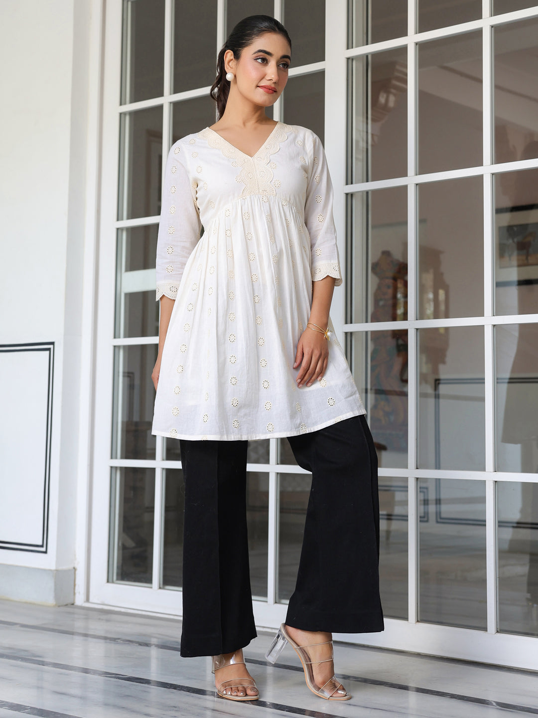 Janasya Light Cotton Schiffli A-Line Tunic