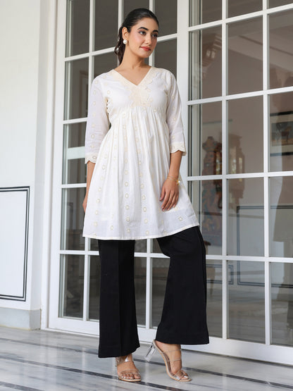 Janasya Light Cotton Schiffli A-Line Tunic - Distacart