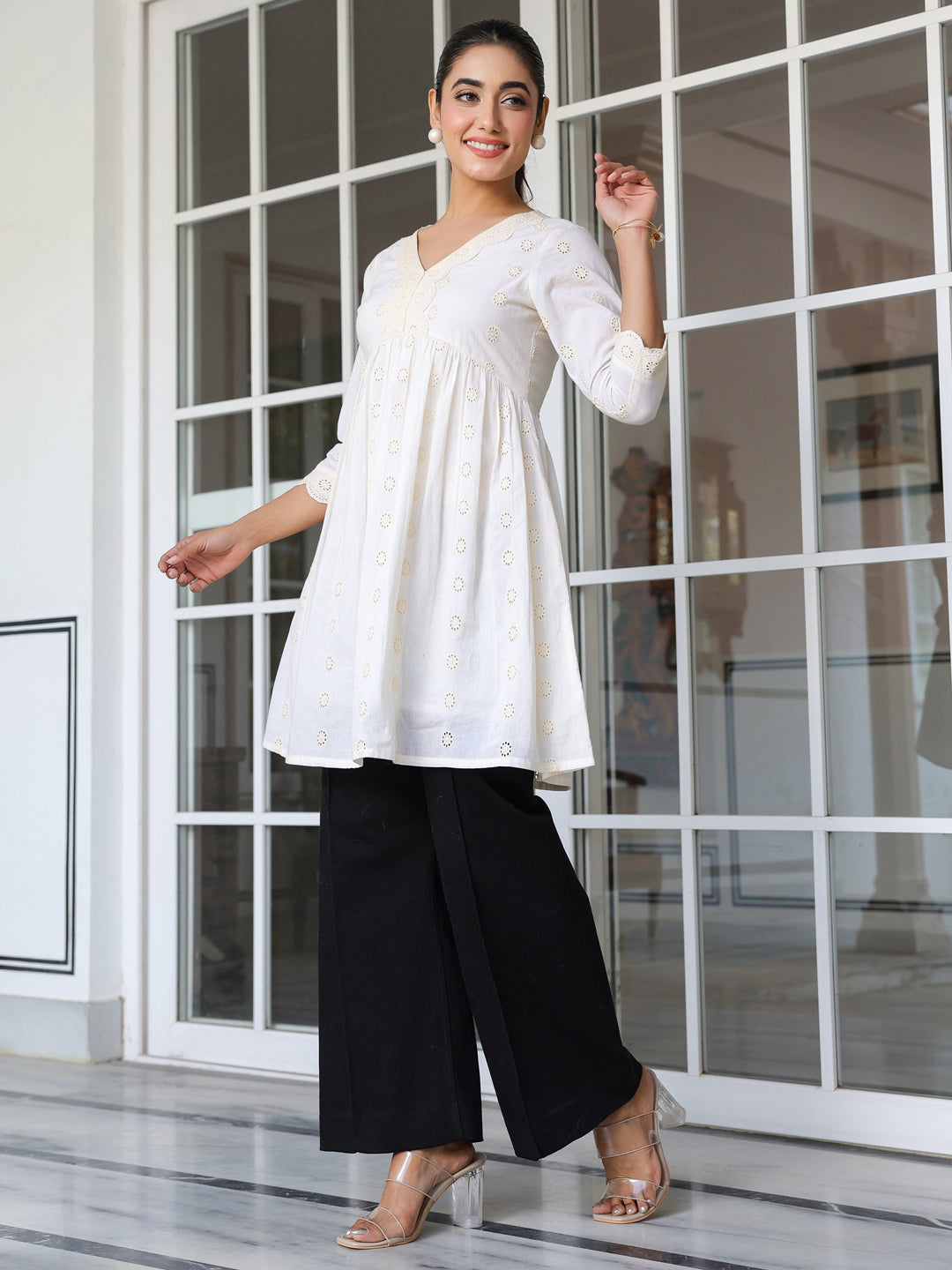 Janasya Light Cotton Schiffli A-Line Tunic