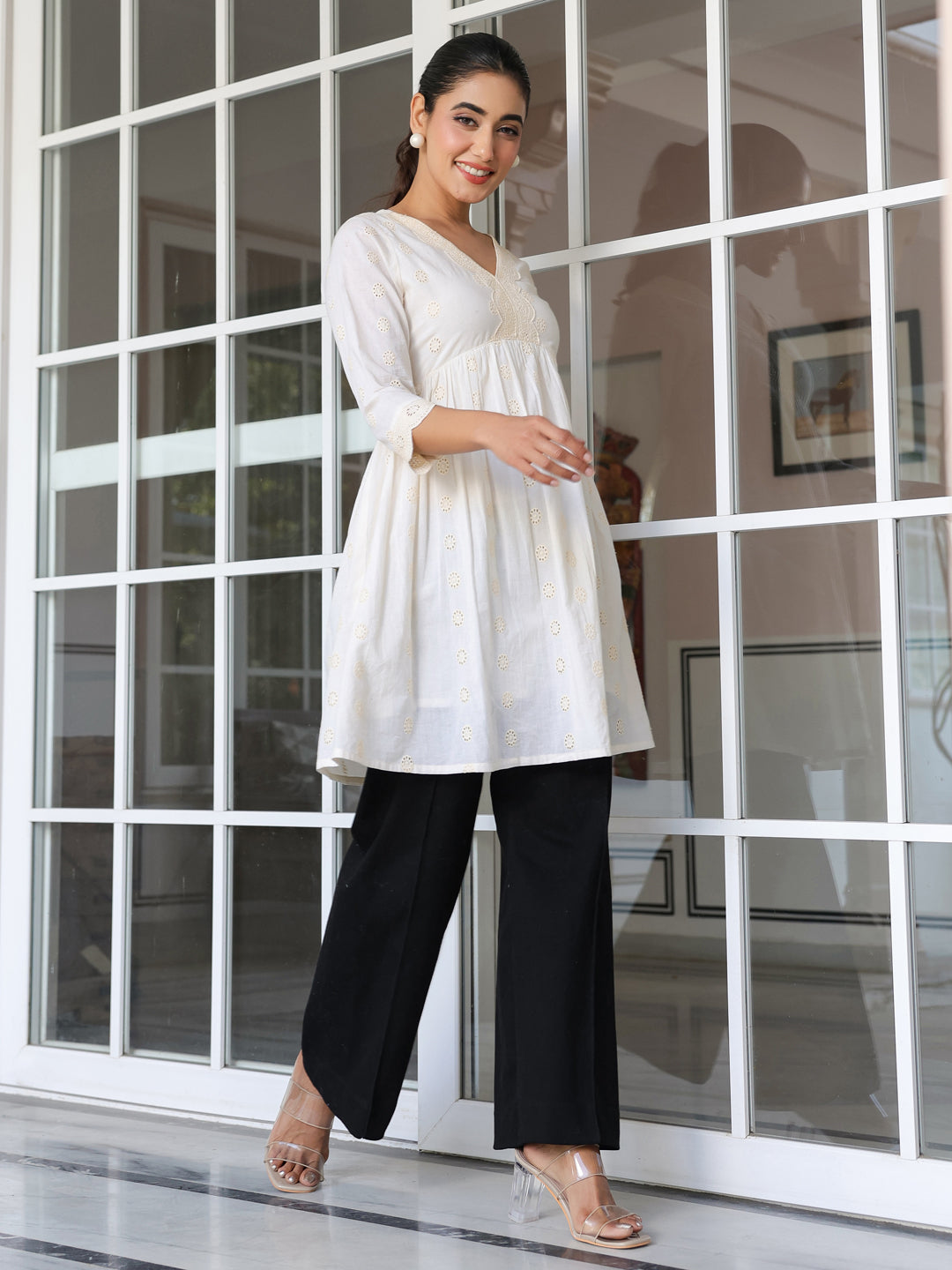 Janasya Light Cotton Schiffli A-Line Tunic