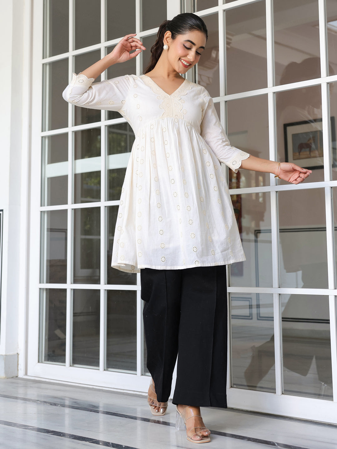 Janasya Light Cotton Schiffli A-Line Tunic