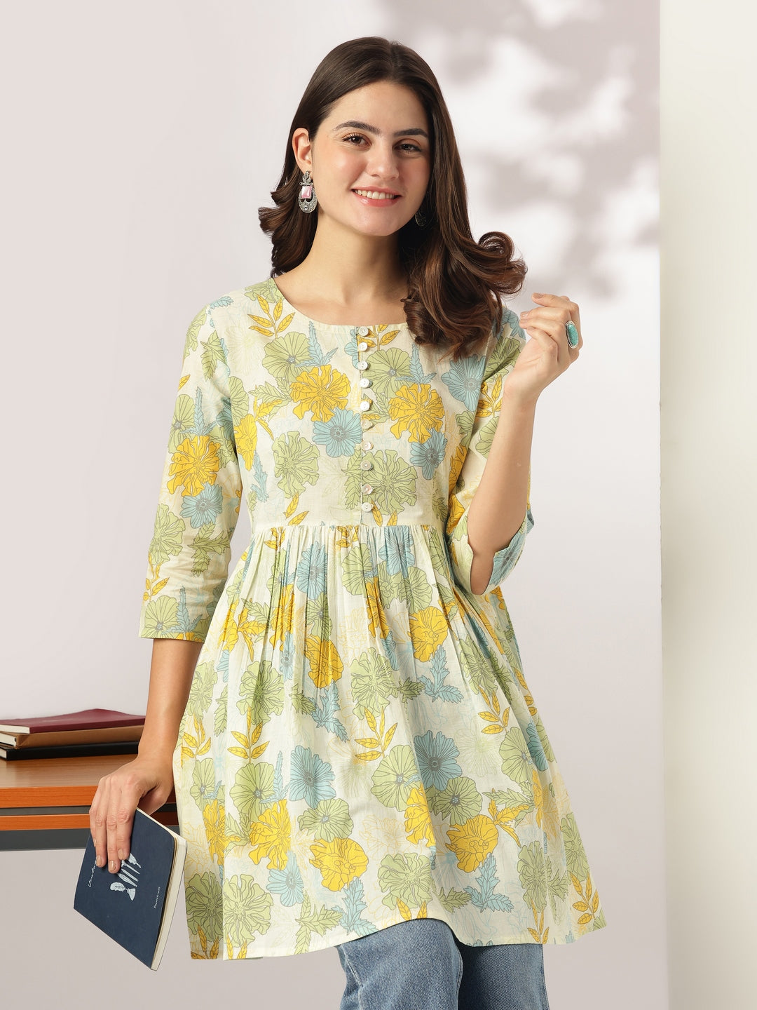 Janasya Light Cotton Floral A-Line Tunic