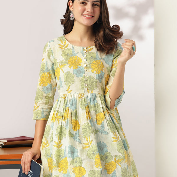 Janasya Light Cotton Floral A-Line Tunic