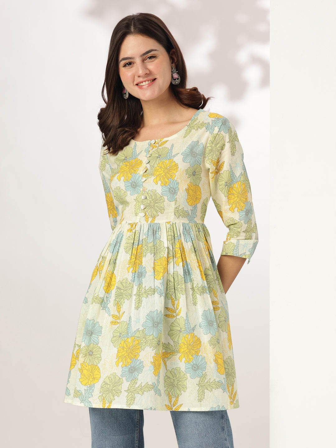 Janasya Light Cotton Floral A-Line Tunic