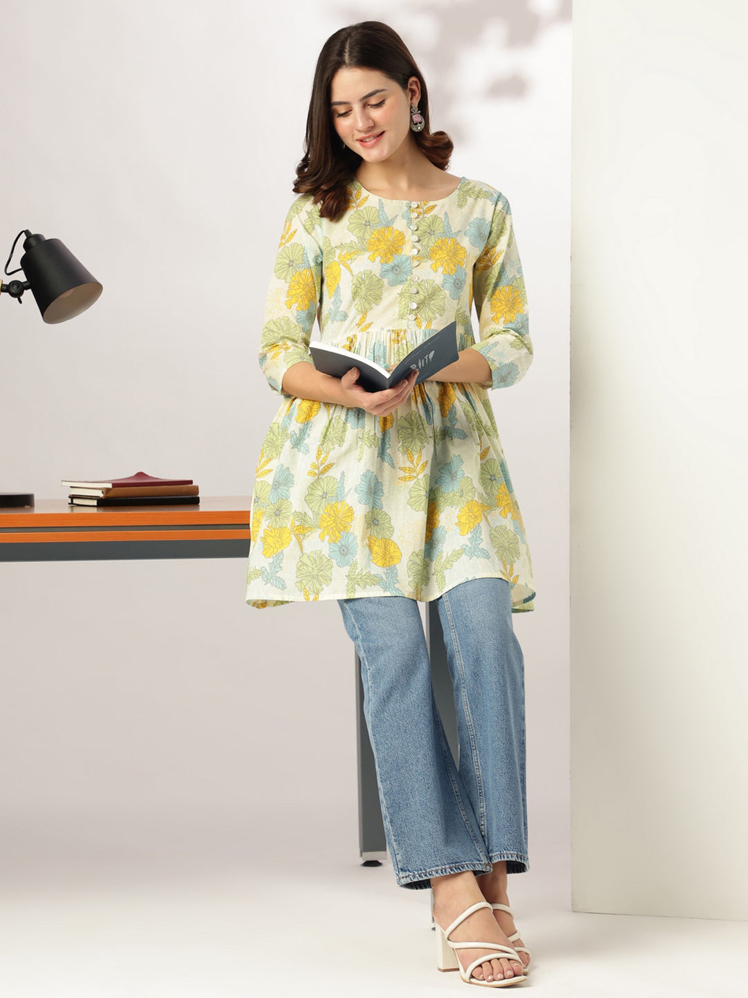 Janasya Light Cotton Floral A-Line Tunic