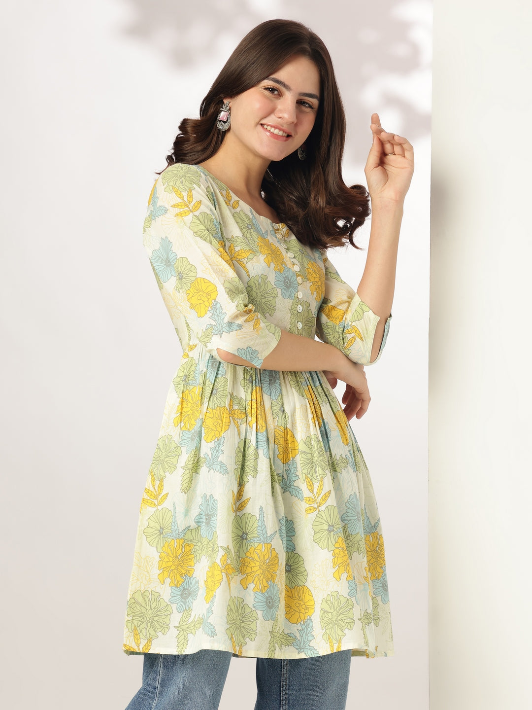 Janasya Light Cotton Floral A-Line Tunic