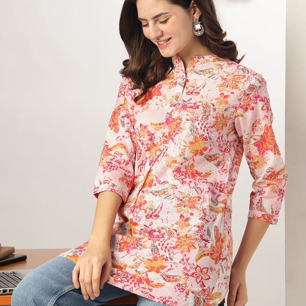 Janasya Light Cotton Floral Straight Tunic