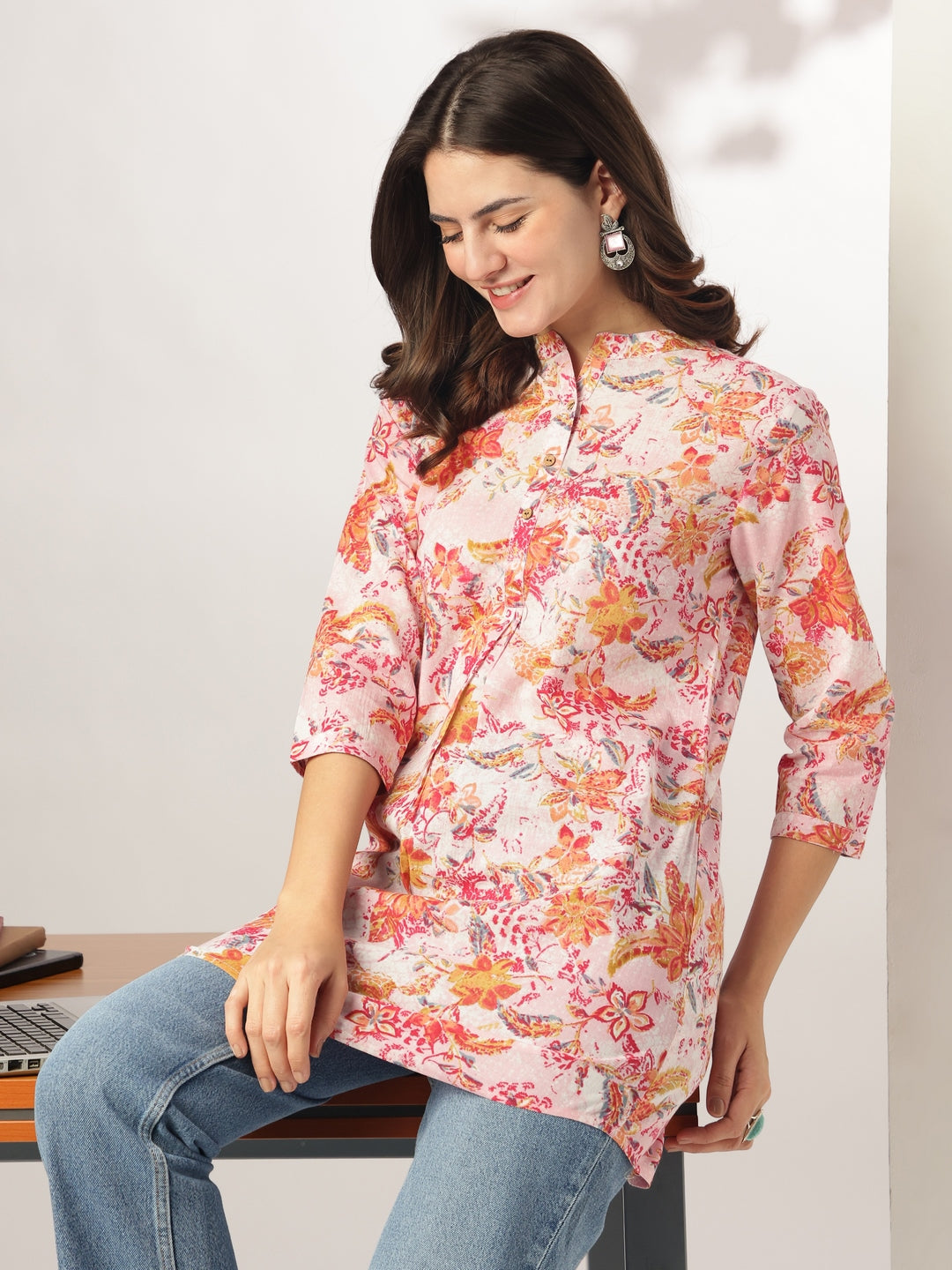 Janasya Light Cotton Floral Straight Tunic - Distacart