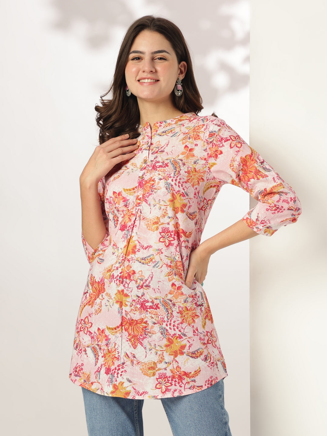 Janasya Light Cotton Floral Straight Tunic