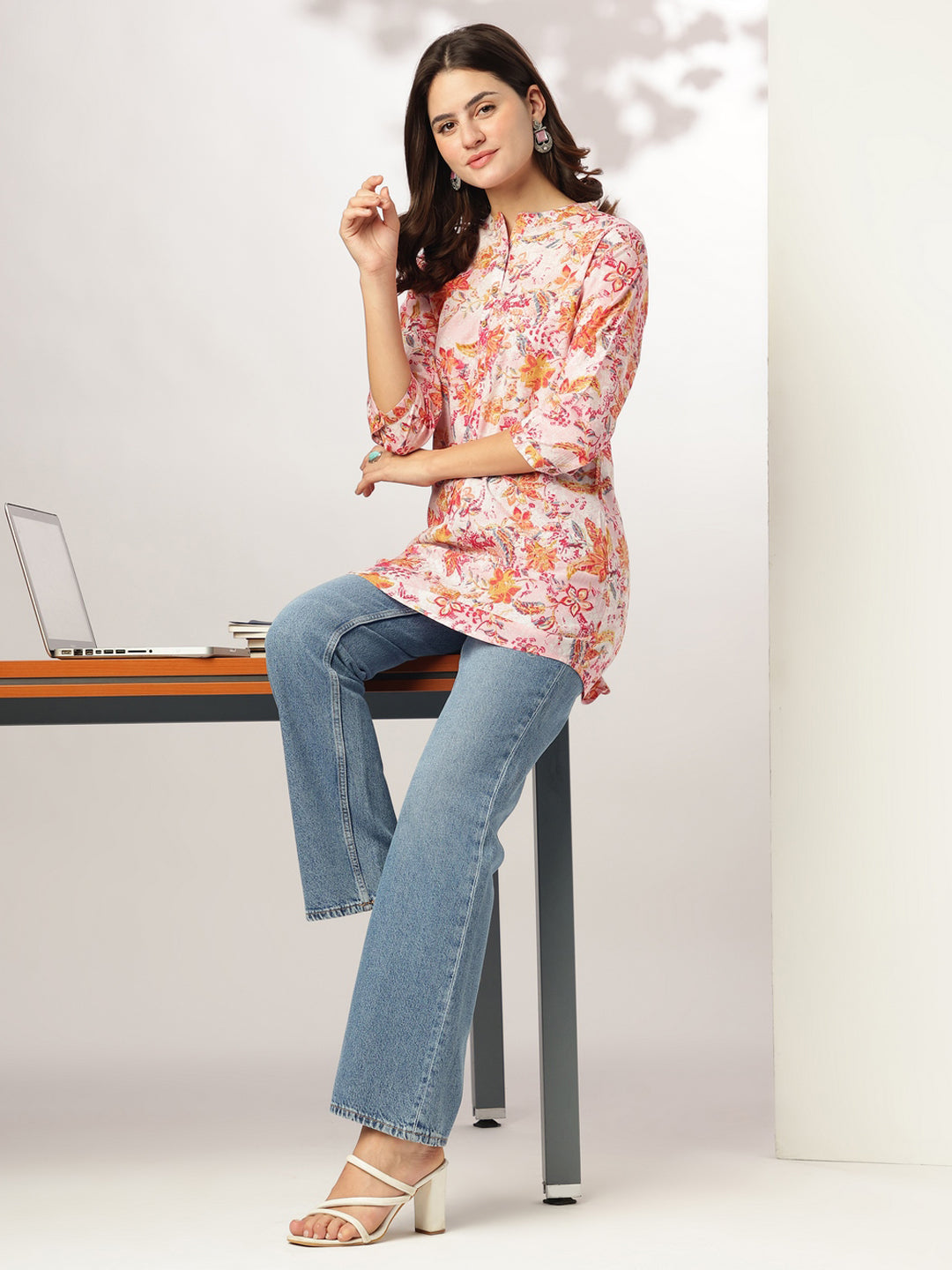 Janasya Light Cotton Floral Straight Tunic