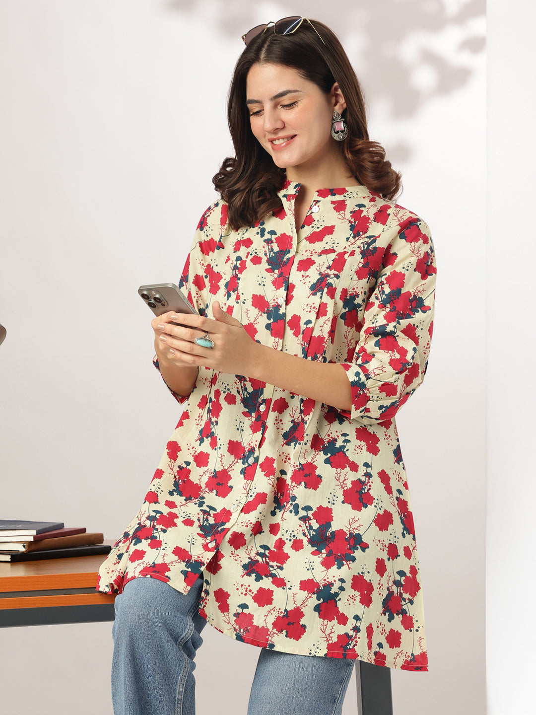 Janasya Light Cotton Floral A-Line Tunic
