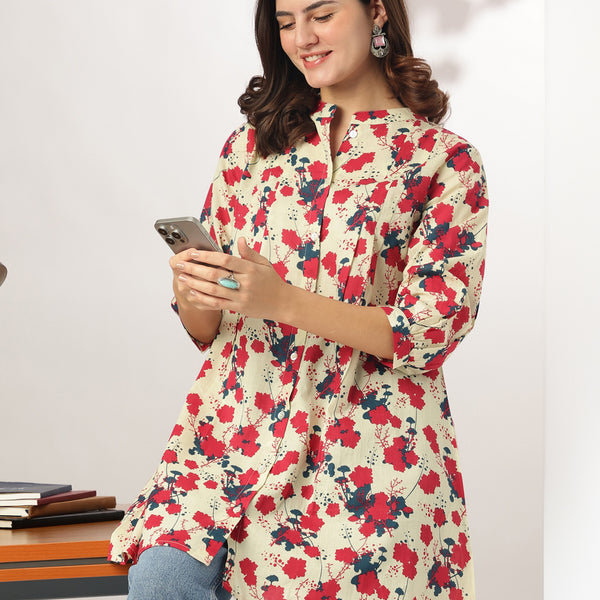 Janasya Light Cotton Floral A-Line Tunic