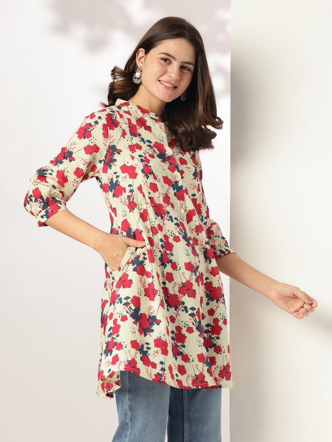 Janasya Light Cotton Floral A-Line Tunic