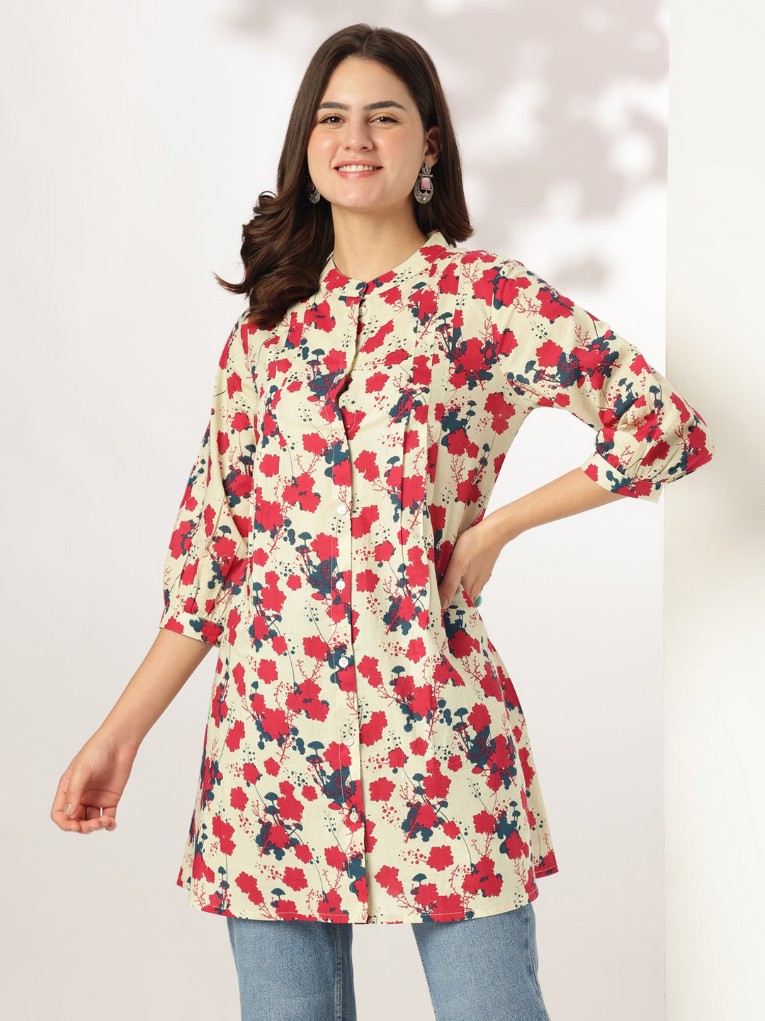 Janasya Light Cotton Floral A-Line Tunic