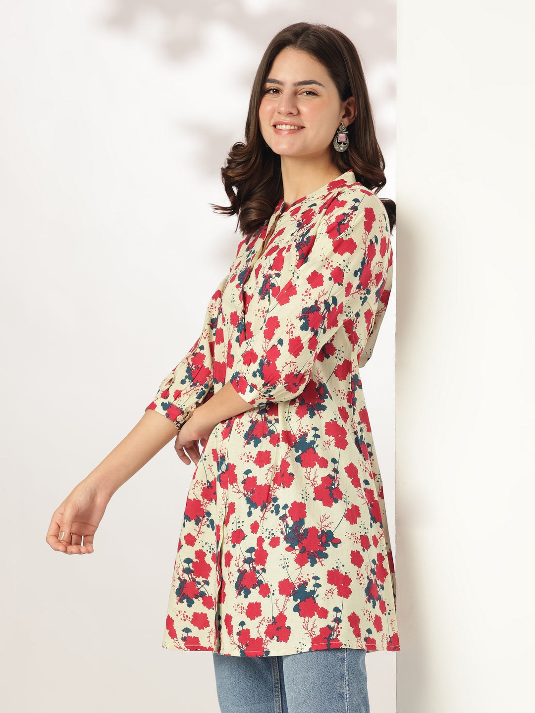Janasya Light Cotton Floral A-Line Tunic