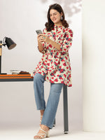 Thumbnail for Janasya Light Cotton Floral A-Line Tunic