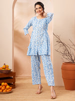 Thumbnail for Janasya Light Blue A-Line Cotton Co-Ords - Dista