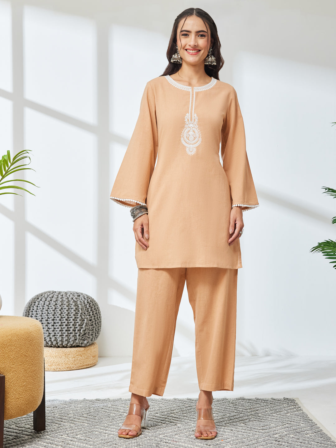 Janasya Beige A-Line Cotton Co-Ords - Dista