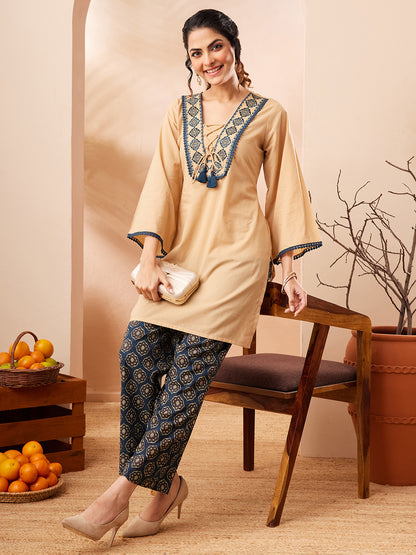 Janasya Beige Straight Cotton Co-Ords - Dista