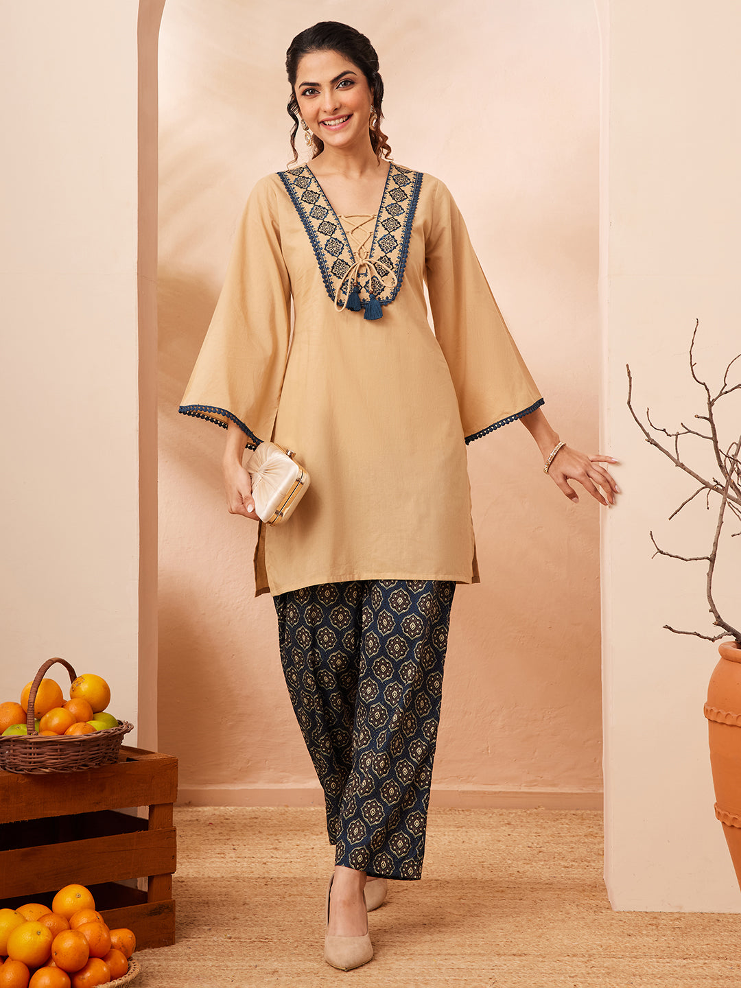 Janasya Beige Straight Cotton Co-Ords - Dista