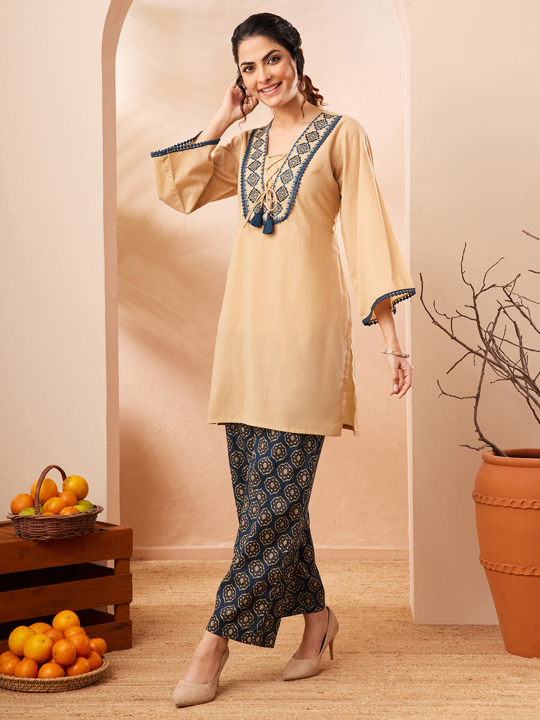 Janasya Beige Straight Cotton Co-Ords - Dista