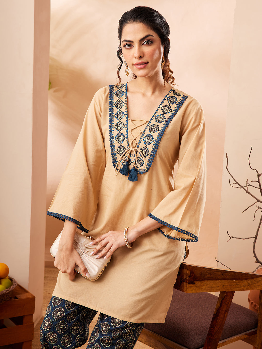 Janasya Beige Straight Cotton Co-Ords - Dista