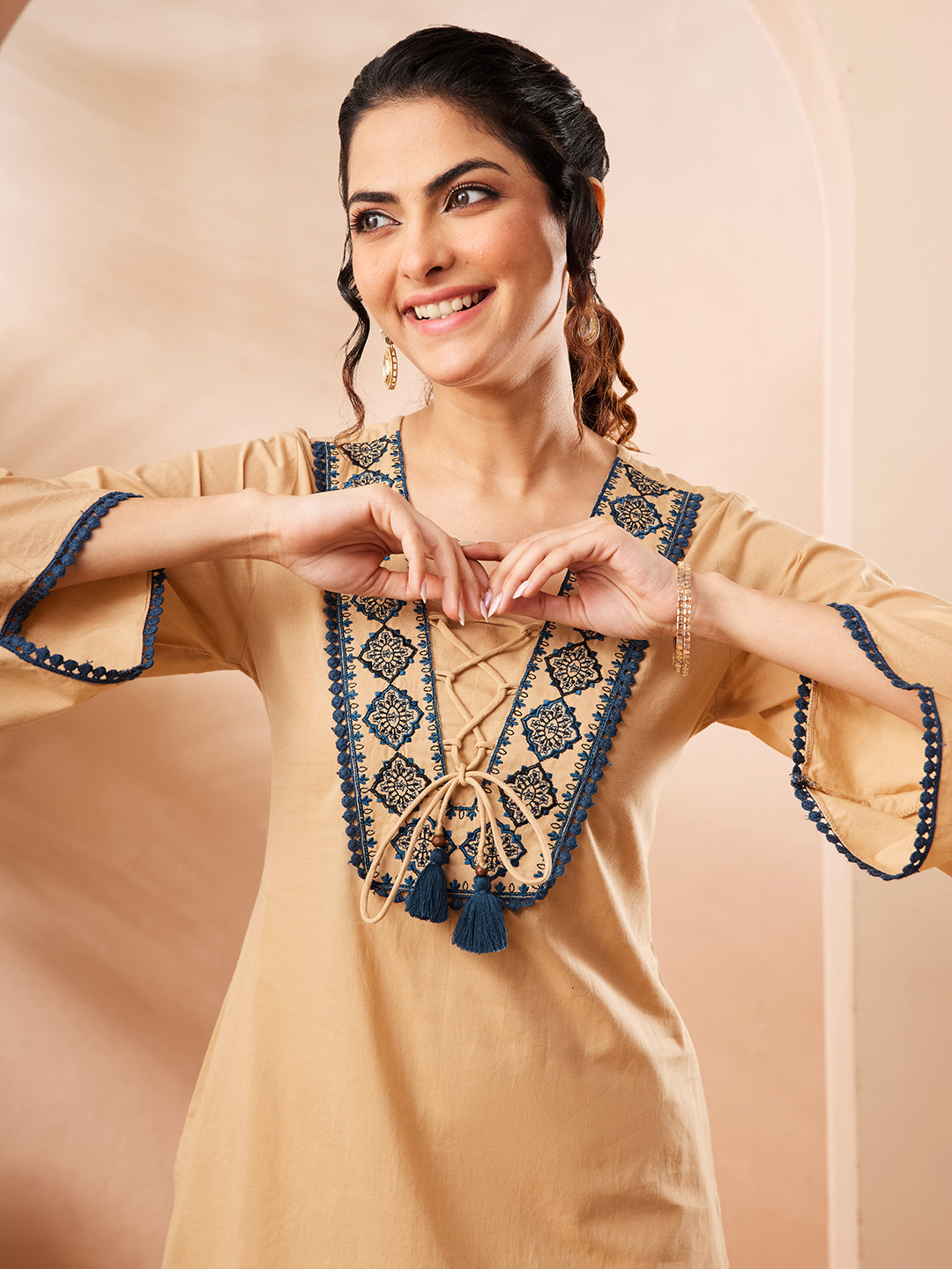 Janasya Beige Straight Cotton Co-Ords - Dista