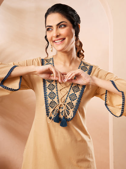 Janasya Beige Straight Cotton Co-Ords - Dista