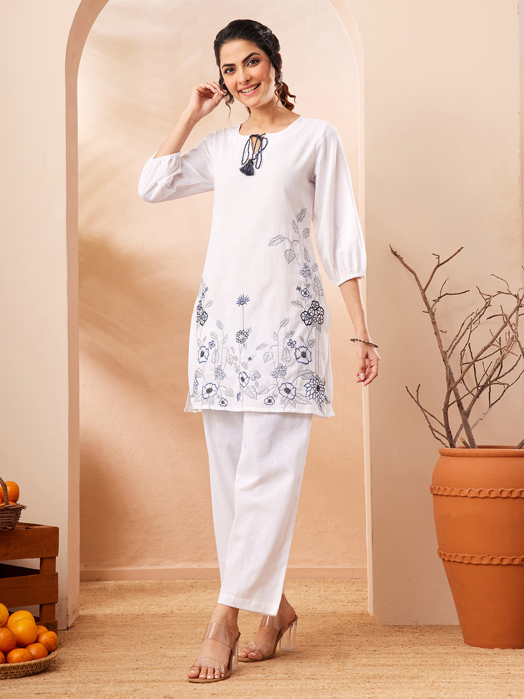 Janasya White Straight Cotton Co-Ords - Dista