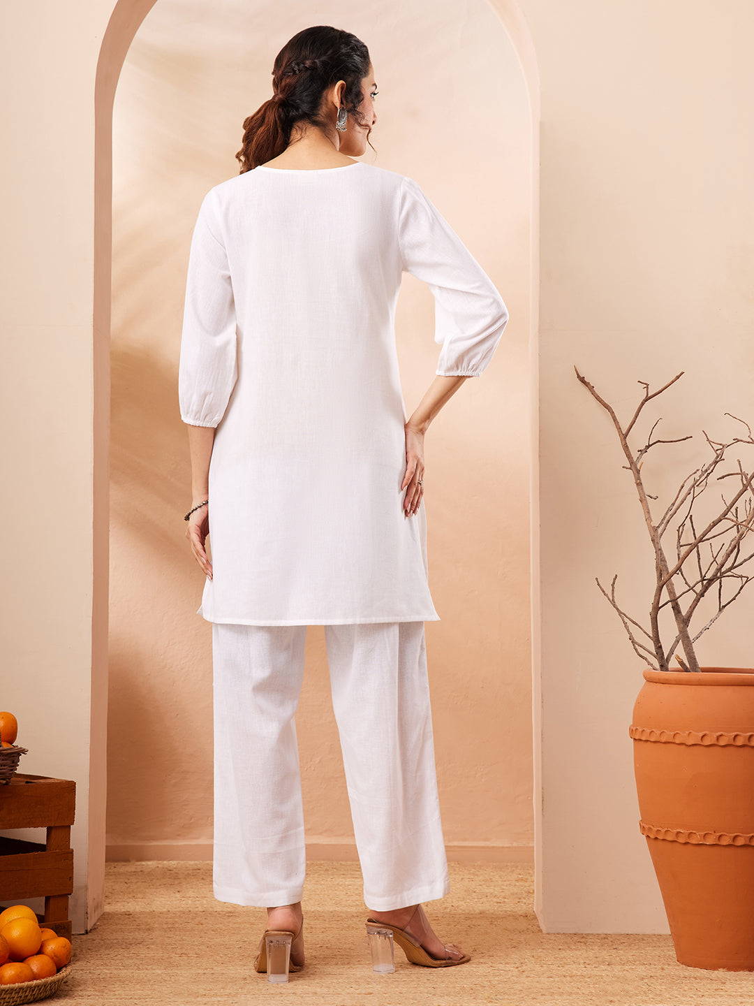 Janasya White Straight Cotton Co-Ords - Dista