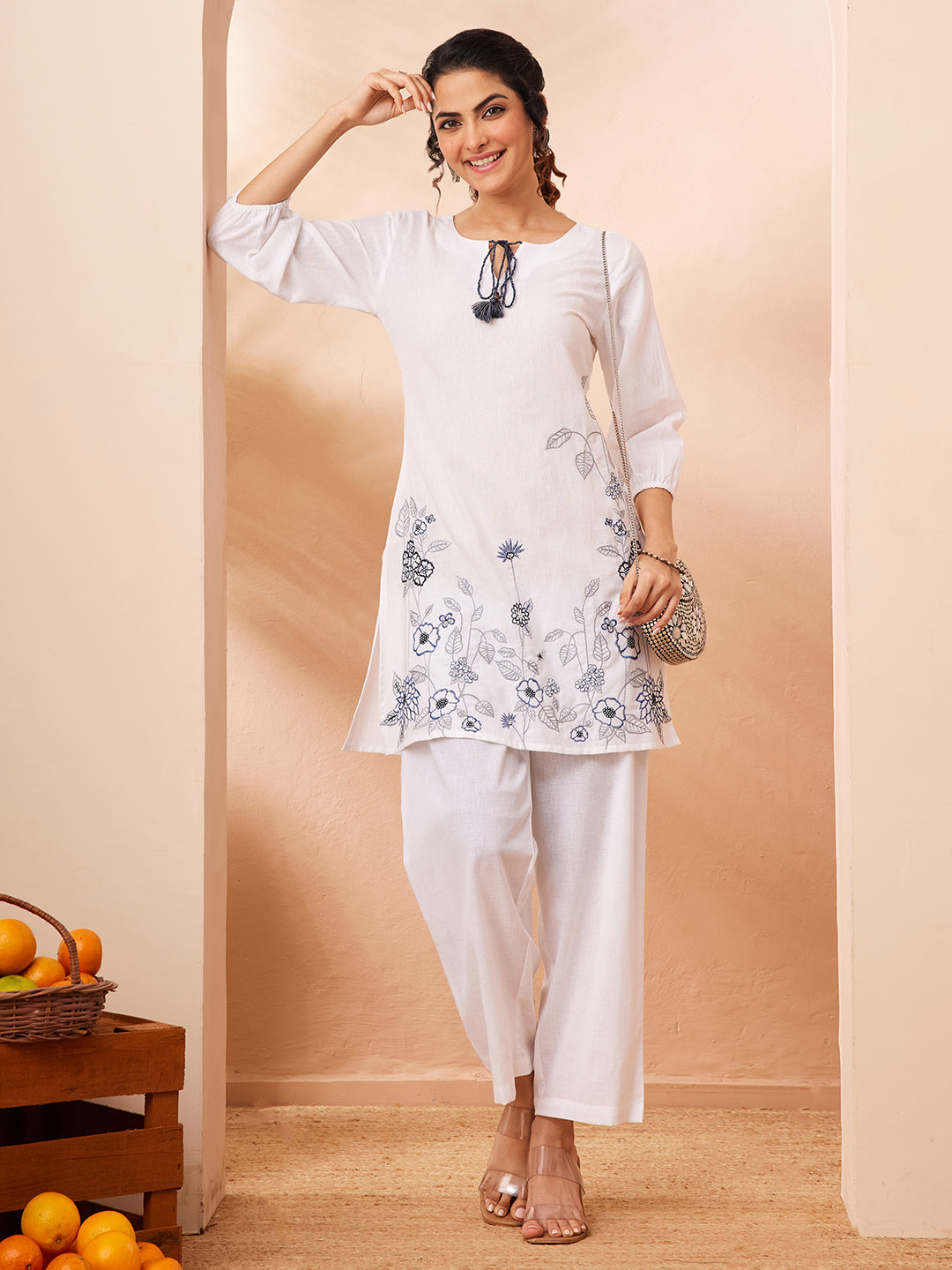Janasya White Straight Cotton Co-Ords - Dista