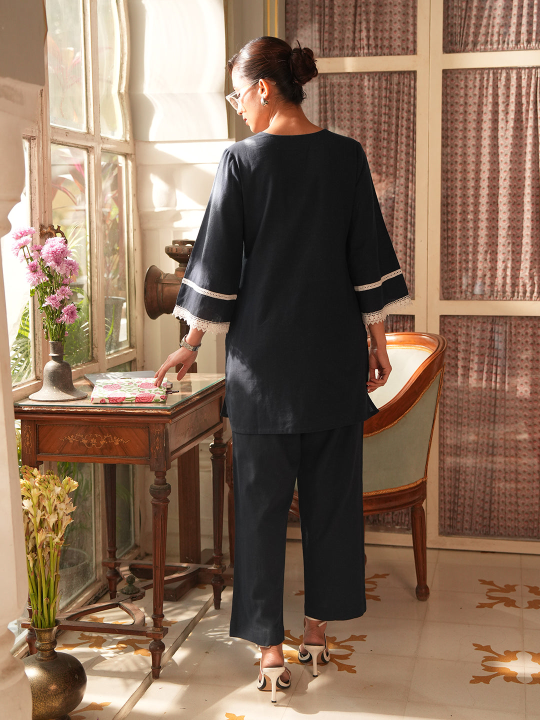 Janasya Navy Blue Straight Cotton Pant Co-ord Sets - Dista