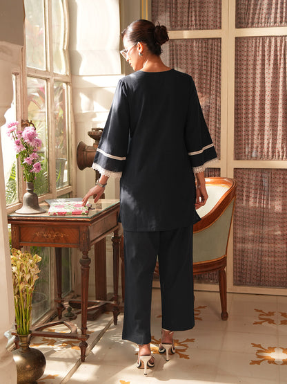 Janasya Navy Blue Straight Cotton Pant Co-ord Sets - Dista