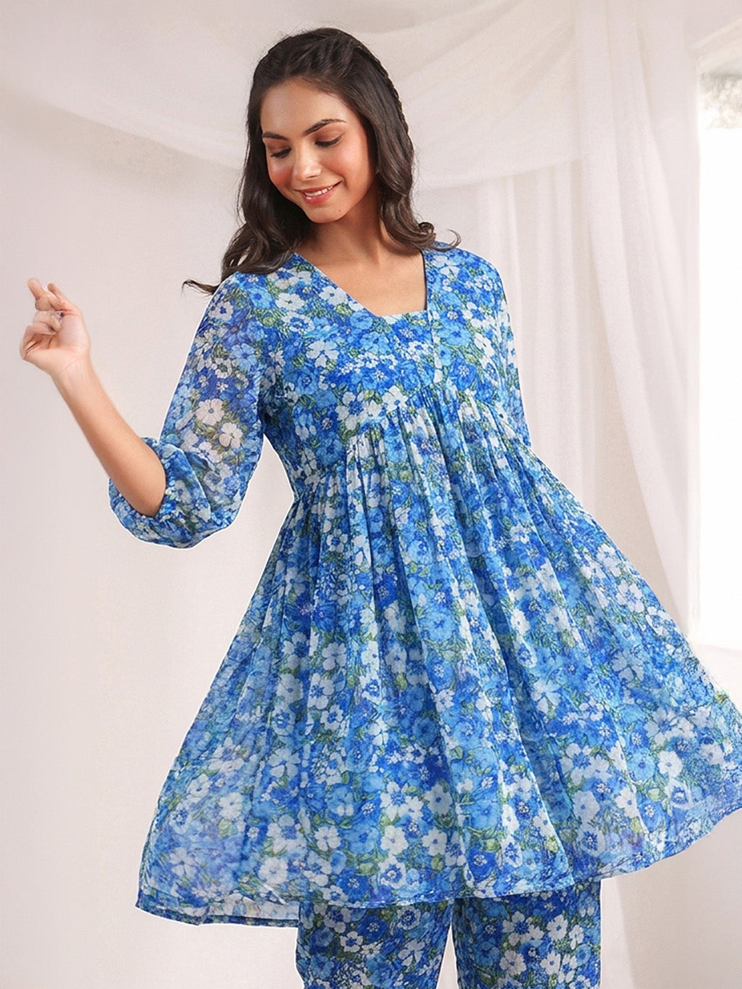 Janasya Blue A-Line Georgette Pant Co-ord Sets - Dista