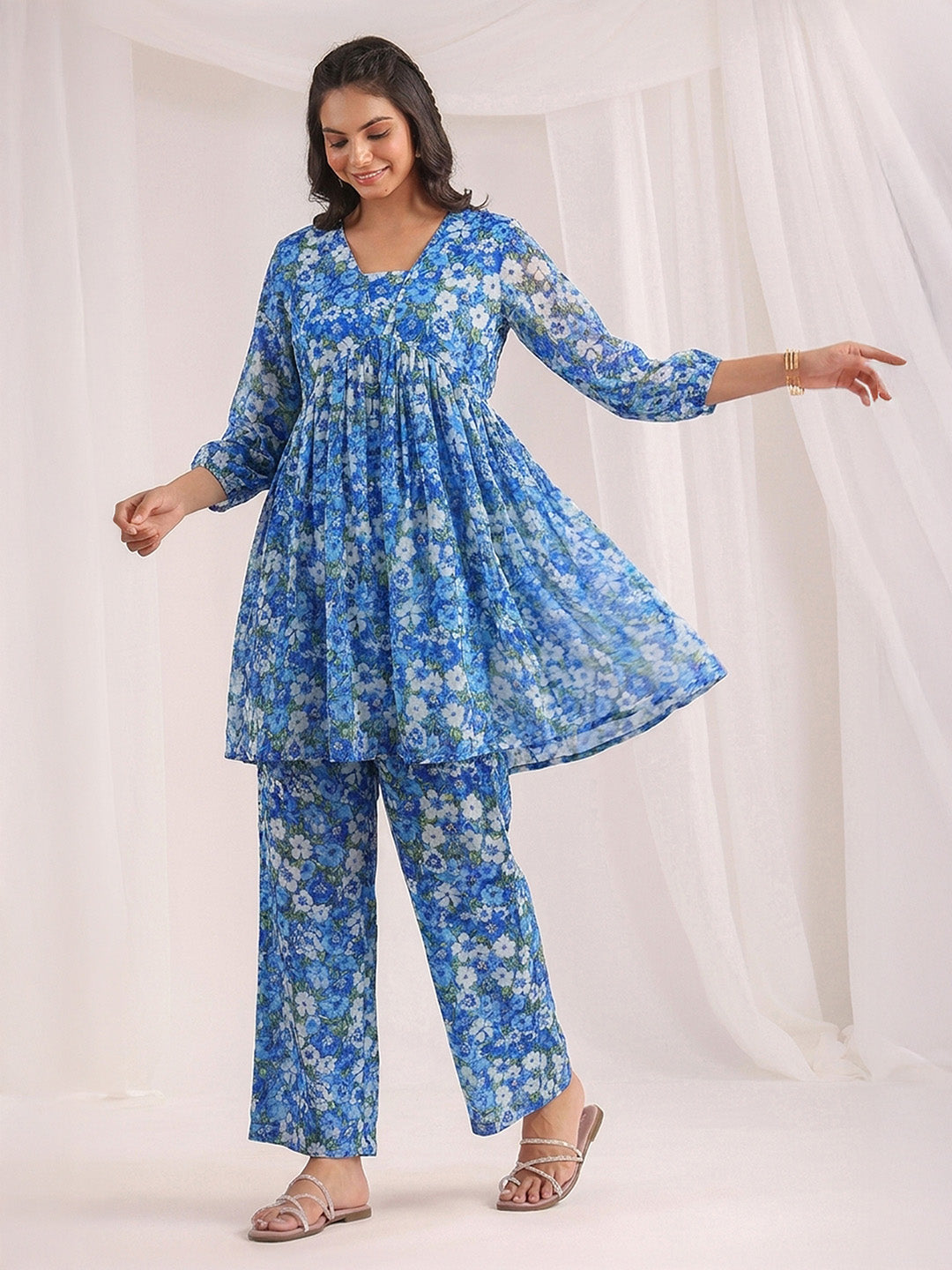 Janasya Blue A-Line Georgette Pant Co-ord Sets - Dista