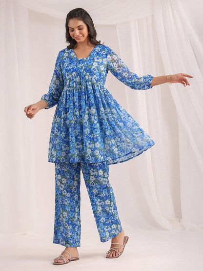 Janasya Blue A-Line Georgette Pant Co-ord Sets - Dista