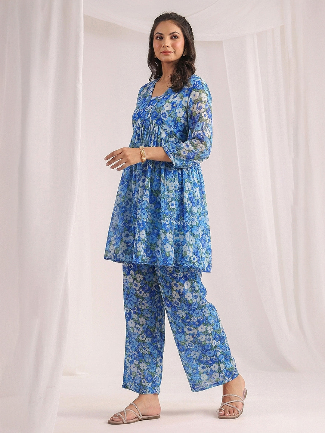 Janasya Blue A-Line Georgette Pant Co-ord Sets - Dista