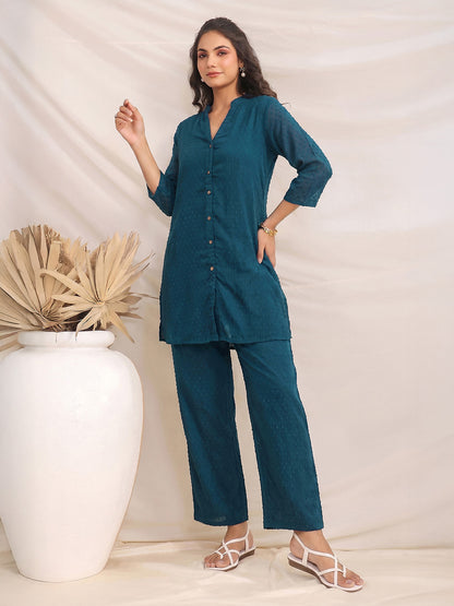 Janasya Teal Straight Dobby Chiffon Pant Co-ord Sets - Dista