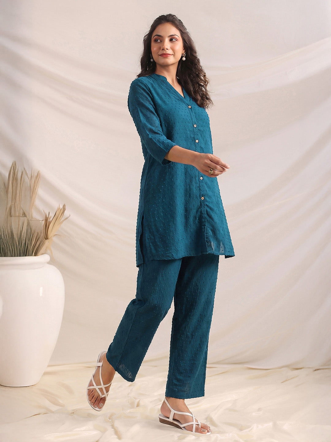 Janasya Teal Straight Dobby Chiffon Pant Co-ord Sets - Dista