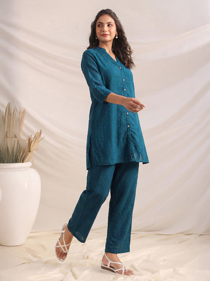 Janasya Teal Straight Dobby Chiffon Pant Co-ord Sets - Dista