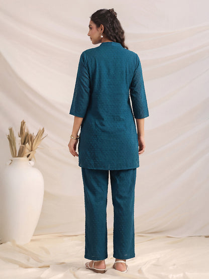 Janasya Teal Straight Dobby Chiffon Pant Co-ord Sets - Dista