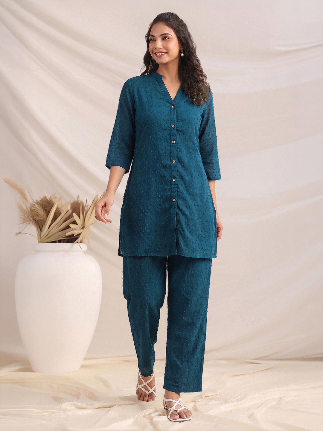 Janasya Teal Straight Dobby Chiffon Pant Co-ord Sets - Dista