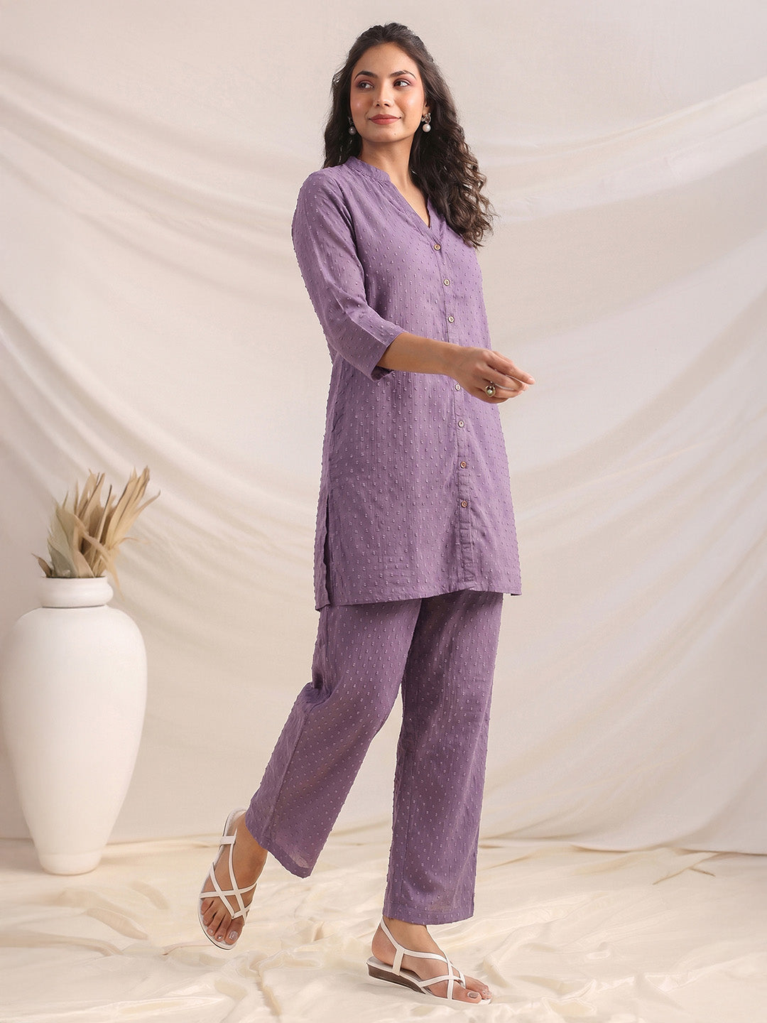 Janasya Lavender A-Line Dobby Chiffon Pant Co-ord Sets